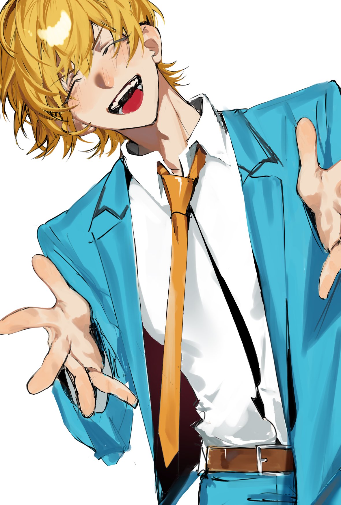1boy, arms_up, belt, belt_buckle, blonde_hair, blue_pants, blue_suit, boukyaku_battery