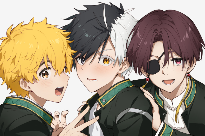 3boys, :d, absurdres, black_hair, black_jacket, blonde_hair, brown_hair, ciaociaovita