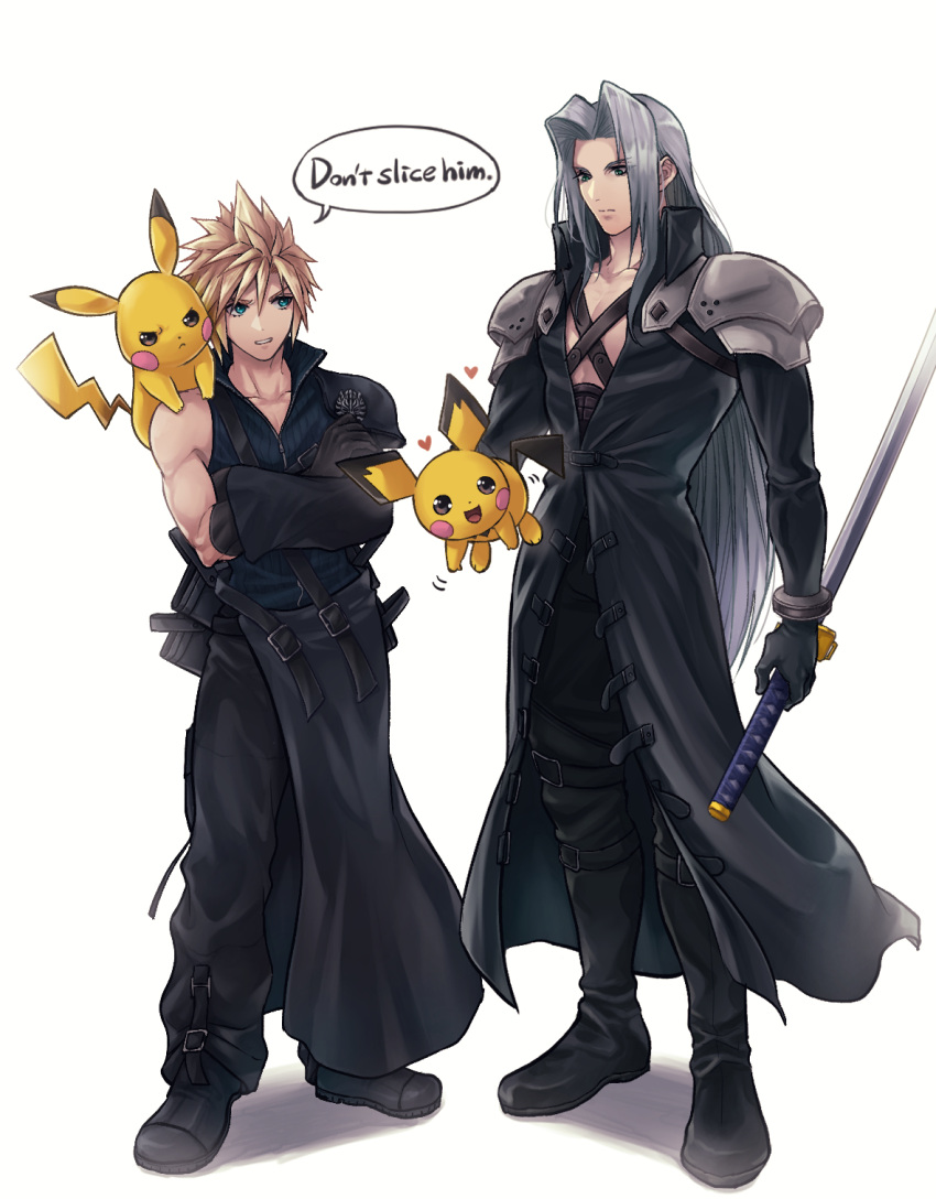 2boys, armor, asymmetrical_sleeves, beckey9415, belt, black_belt, black_coat, black_footwear, black_gloves, black_pants, blonde_hair, blue_eyes, blue_vest, boots, bracer, chest_strap, cloud_strife, coat, commentary, creature, creature_on_shoulder, crossed_arms, crossover, english_text, expressionless, final_fantasy, final_fantasy_vii, final_fantasy_vii_advent_children, final_fantasy_vii_remake, full_body, gloves, green_eyes, grey_hair, hair_intakes, happy, heart, high_collar, highres, holding, holding_creature, holding_pokemon, holding_sword, holding_weapon, knee_boots, long_bangs, long_coat, long_hair, long_sleeves, looking_at_another, male_focus, masamune_(ff7), multiple_belts, multiple_boys, on_shoulder, open_mouth, pants, parted_bangs, parted_lips, pauldrons, pichu, pikachu, pokemon, pokemon_(creature), pokemon_on_shoulder, sephiroth, shadow, short_hair, shoulder_armor, shoulder_strap, single_pauldron, slit_pupils, smile, speech_bubble, spiky_hair, spoken_heart, standing, super_smash_bros., sword, toned, toned_male, very_long_hair, vest, waist_cape, weapon, white_background