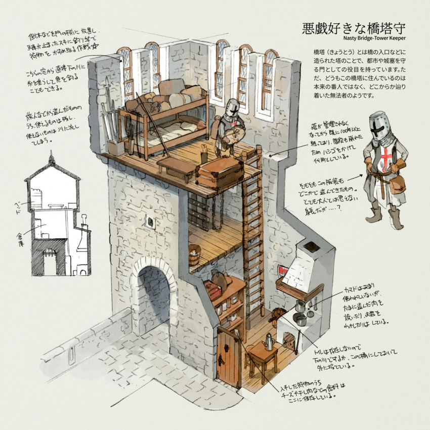 1boy, arch, bed, belt, boots, bow_(weapon), bucket, bunk_bed