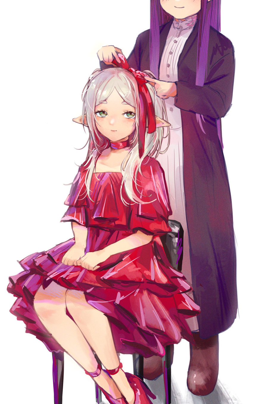 2girls, absurdres, adjusting_another's_clothes, alternate_costume, black_robe, blush, bow_hairband, choker, commentary, dress, elf, fern_(sousou_no_frieren), frieren, grey_hair, hairband, high_heels, highres, light_smile, multiple_girls, parted_bangs, pointy_ears, purple_hair, red_choker, red_dress, red_footwear, red_hairband, robe, simple_background, sitting, sousou_no_frieren, symbol-only_commentary, thick_eyebrows, ven_juice, white_background, white_dress