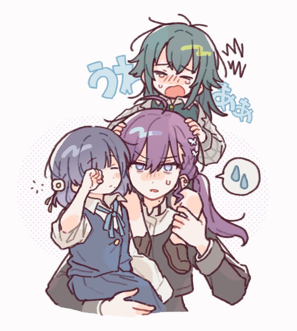 3girls, aged_down, ahoge, bags_under_eyes, butterfly_hair_ornament, carrying, carrying_person, child