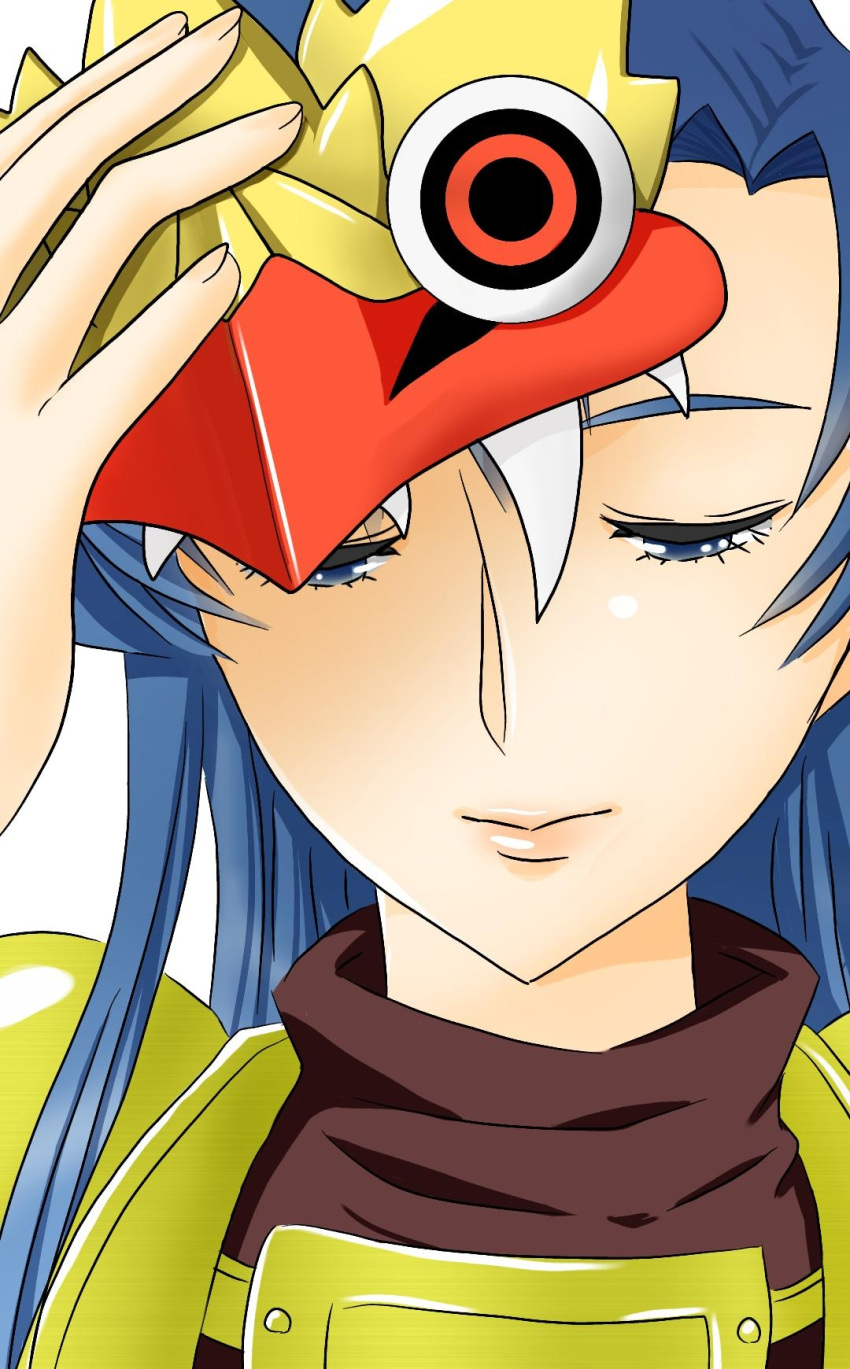 1girl, armor, blue_hair, bon_(moconono), caraway_goldenrod, facing_viewer, hand_up, highres, long_hair, mask, next_king, removing_mask, solo, white_background