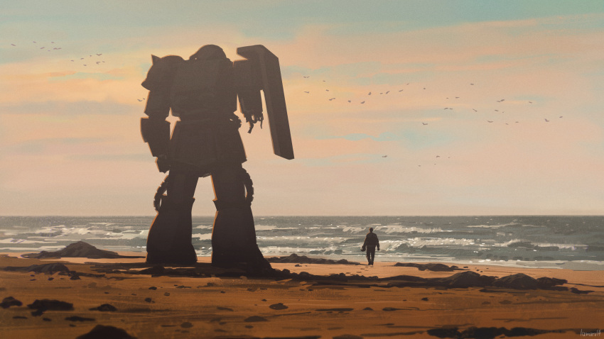 1boy, absurdres, artist_name, beach, commentary, damaged, english_commentary, evening