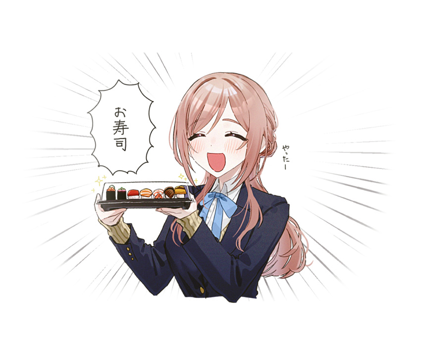 1girl, ^_^, black_jacket, blazer, blue_ribbon, blush, brown_hair, closed_eyes