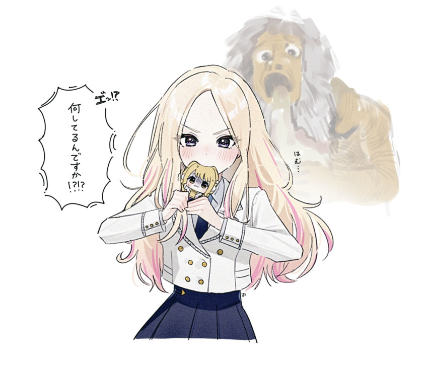1girl, biting, blonde_hair, blue_skirt, character_doll, commentary_request, copyright_request, fine_art_parody