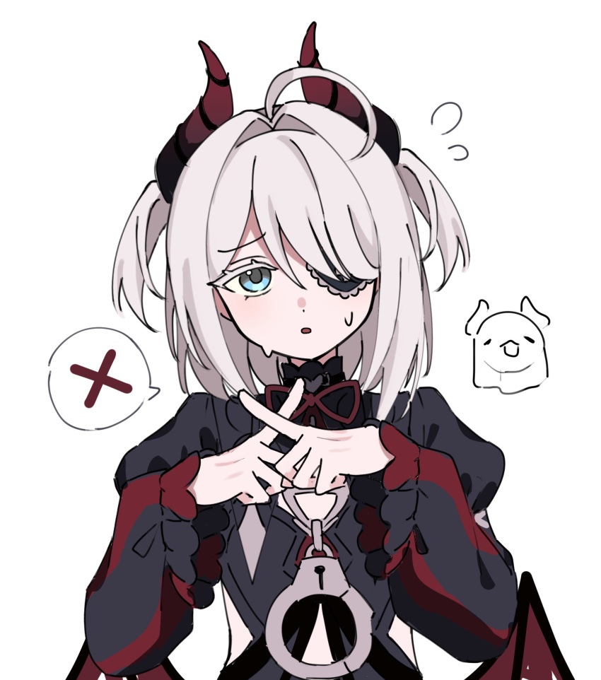 1girl, ahoge, black_horns, black_shirt, black_survival, blue_eyes, colored_eyelashes, commentary