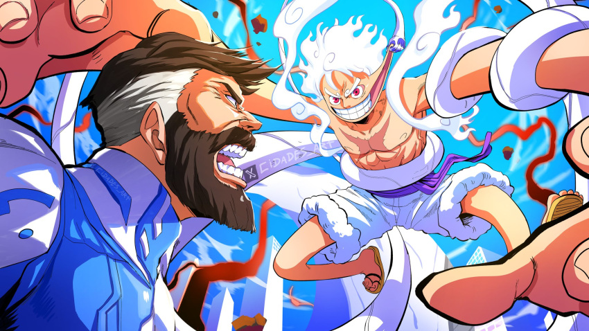 2boys, angry, beard, blue_bodysuit, blurry, blurry_foreground, bodysuit, brown_hair