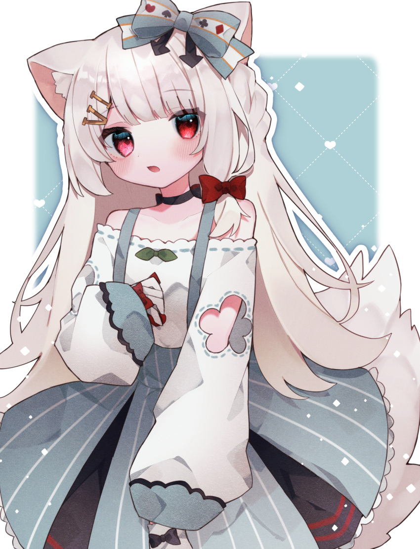 1girl, animal_ears, arm_cutout, artist_request, black_choker, blonde_hair, blue_background, blue_bow, blue_skirt, blunt_bangs, border, borrowed_character, bow, cat_ears, cat_girl, choker, commission, cowboy_shot, dot_nose, flat_chest, flower_cutout, glove_bow, gloves, grey_tail, hair_bow, hand_up, high-waist_skirt, highres, light_blush, long_hair, long_skirt, long_sleeves, open_mouth, original, outline, outside_border, overall_skirt, pinstripe_pattern, pinstripe_skirt, red_bow, red_eyes, ribbon-trimmed_shirt, ribbon_trim, second-party_source, shirt, skirt, sleeves_past_wrists, solo, strapless, strapless_shirt, tail, white_border, white_gloves, white_outline, white_shirt
