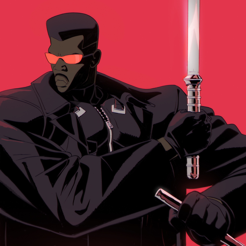 1boy, black_coat, black_gloves, black_hair, blade_(marvel), blade_(series), coat, dark-skinned_male