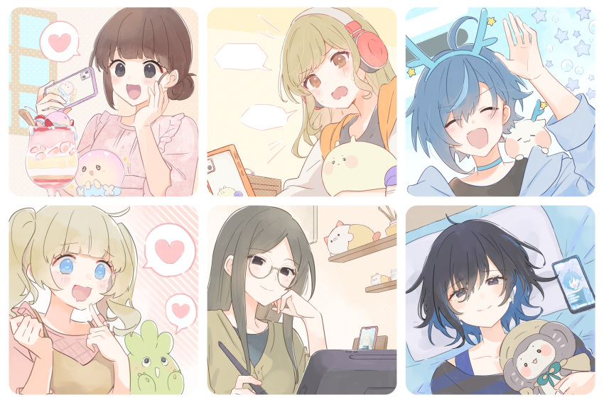 6+girls, :d, ^_^, ahoge, animal_ear_hairband, animal_ears, black_eyes, black_shirt, blonde_hair, blue_choker, blue_eyes, blue_hair, blue_jacket, blunt_bangs, blush, brown_eyes, brown_hair, bukucha_(iriam), cherry, choker, closed_eyes, closed_mouth, collarbone, colored_inner_hair, commentary, creature, dessert, english_commentary, fake_animal_ears, food, frilled_shirt, frills, fruit, glasses, green_hair, grey_shirt, hair_between_eyes, hair_bun, hairband, headphones, heart, highres, holding, holding_phone, holding_stylus, hoshiika_(iriam), iriam, jacket, looking_at_object, messy_hair, multicolored_hair, multiple_girls, nekocoro_(iriam), open_mouth, parted_bangs, phone, pillow, pink_shirt, sabobon_(iriam), second-party_source, shirase_(shirose), shirt, sidelocks, smile, speech_bubble, star_(symbol), strawberry, streaked_hair, striped_clothes, striped_shirt, stylus, tongue, tsumumaru_(iriam), twintails, two-tone_hair, window, yuramii_(iriam)