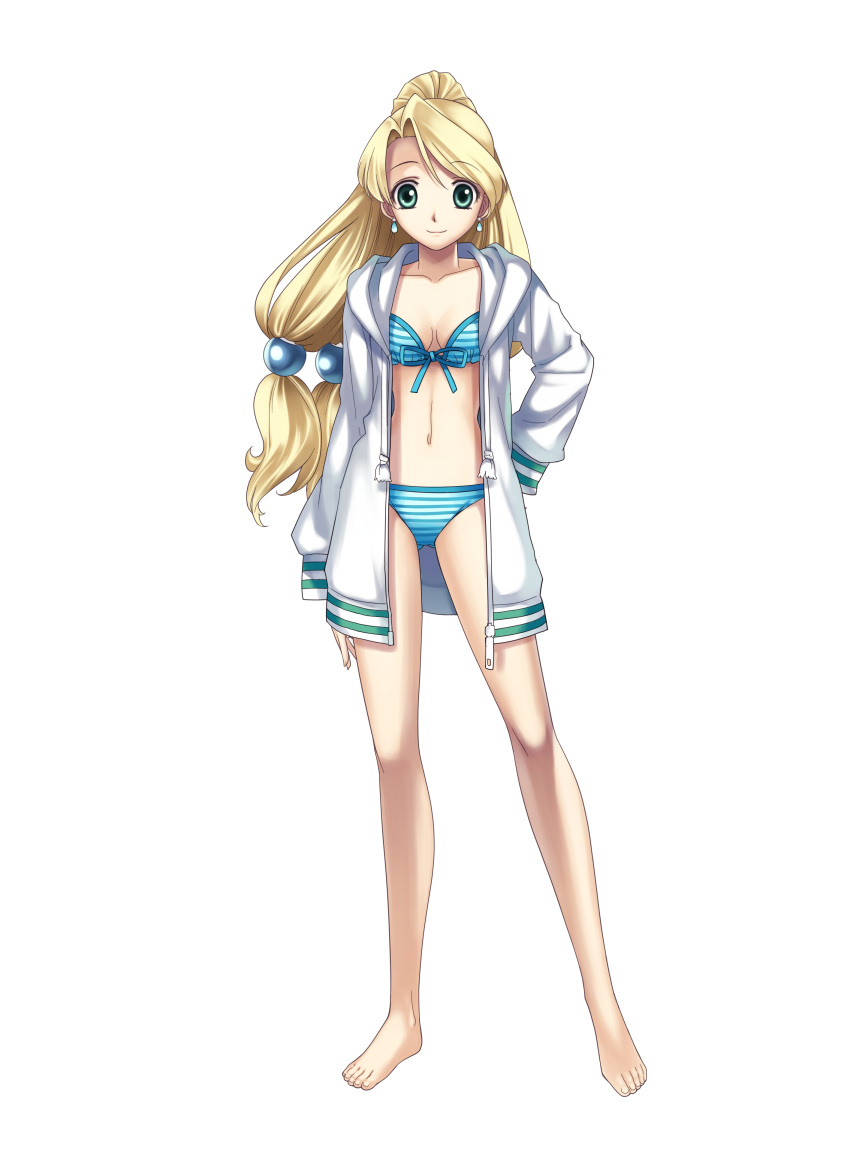 absurdres, alternate_costume, aqua_eyes, atelier, atelier_(series), atelier_marie_alchemist_of_salburg, bangs, barefoot, bikini, blonde_hair, blue_bikini, breasts, cleavage, cross_edge, earrings, feet, front-tie_top, green_eyes, gust, hair_bobbles, hair_ornament, highres, hirano_katsuyuki, hoodie, jacket, jewelry, legs, long_hair, low-tied_long_hair, marie_(atelier), marlone, navel, official_art, open_clothes, open_jacket, parted_bangs, ponytail, quad_tails, simple_background, smile, solo, standing, striped, striped_bikini, striped_swimsuit, swimsuit, swimsuit_under_clothes, unzipped, white_background, zipper