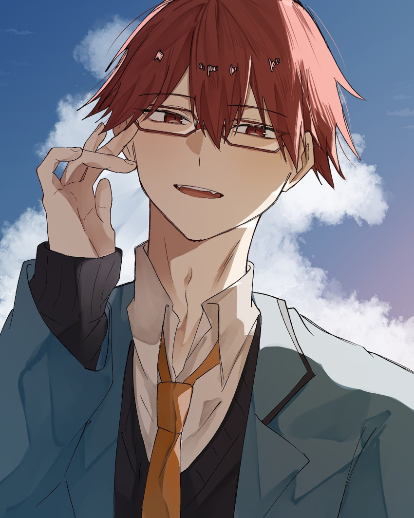 0a_9_(pixiv82791714), 1boy, adjusting_eyewear, boukyaku_battery, brown_eyes, chihaya_shunpei, clouds, day