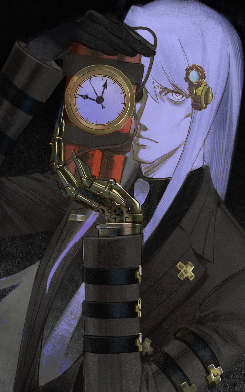 1boy, absurdres, ace_attorney, black_gloves, black_shirt, brown_coat, clock, coat