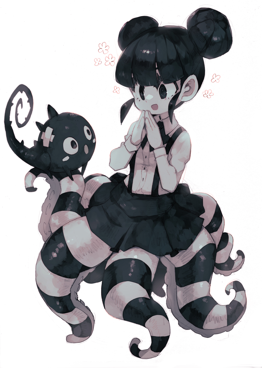 1girl, amissio, black_bow, black_bowtie, black_eyes, black_hair, black_skirt, bow
