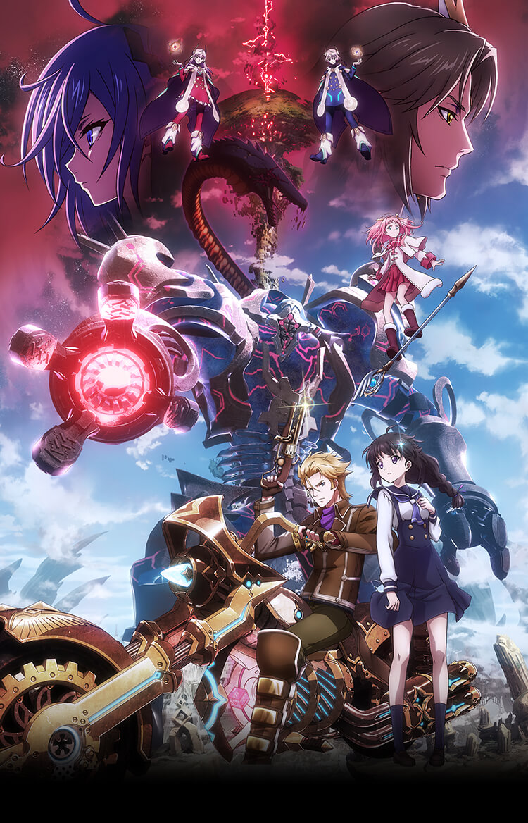 3boys, 4girls, ahoge, blonde_hair, blue_hair, blue_sky, boots, brown_footwear