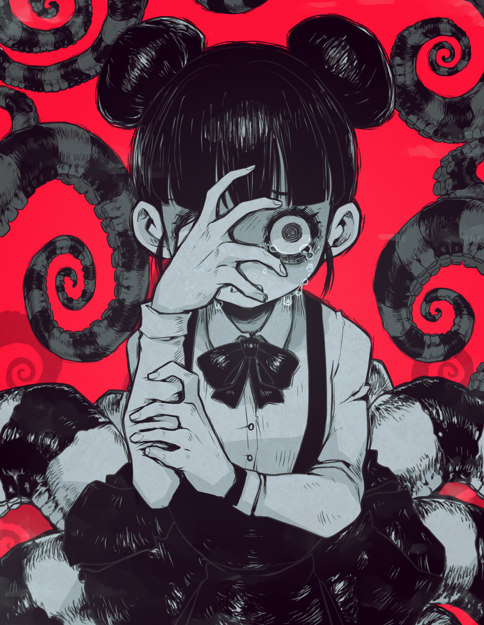 1girl, amissio, black_bow, black_bowtie, black_hair, black_skirt, blunt_bangs, bow, bowtie, clenched_teeth, collared_shirt, commentary, crying, crying_with_eyes_open, double_bun, greyscale_with_colored_background, hair_bun, hand_on_own_face, highres, holding_own_arm, long_sleeves, looking_at_viewer, parororo, paski_(amissio), red_background, shirt, simple_background, skirt, solo, tears, teeth, tentacles