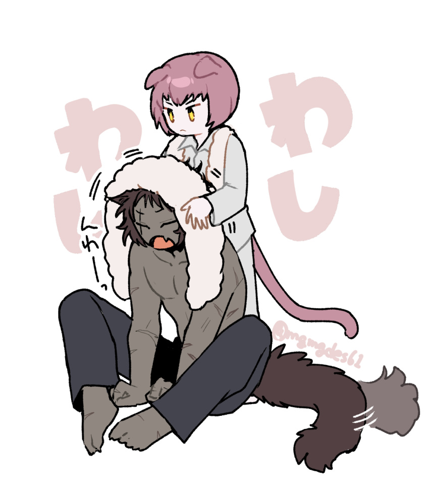 2boys, :<, animal_ears, barefoot, basilio_(metaphor:_refantazio), black_pants, brothers, brown_hair