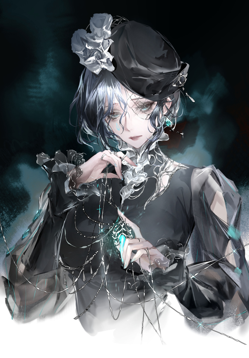 1girl, absurdres, arm_cutout, black_dress, black_hair, black_hat, blue_eyes, breasts