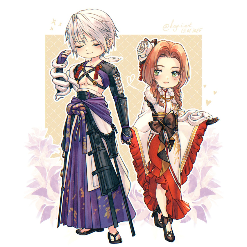 1boy, 1girl, aerith_gainsborough, aerith_gainsborough_(festive_crimson_attire), armor, boots, border, brown_footwear