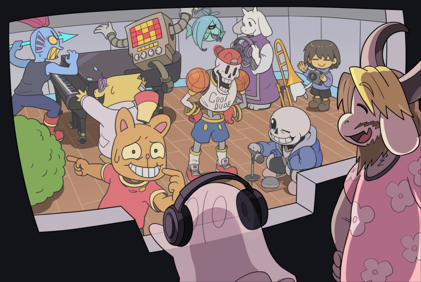 1other, 3girls, 6+boys, alphys, annoying_dog, asgore_dreemurr, backwards_hat, baseball_cap, blonde_hair, blue_skin, brown_hair, burgerpants, camera, character_request, closed_eyes, colored_skin, frisk_(undertale), goat_girl, grin, hands_on_own_hips, hat, headphones, holding, holding_camera, holding_headphones, holding_polearm, holding_weapon, horns, houten_(dre_a_mer), instrument, mettaton, mettaton_(box), microphone, microphone_stand, multiple_boys, multiple_girls, napstablook, non-humanoid_robot, open_mouth, papyrus_(undertale), piano, pointing, polearm, robot, sans_(undertale), short_hair, shyren, skeleton, smile, spear, teeth, toriel, trombone, undertale, undyne, weapon, wheel