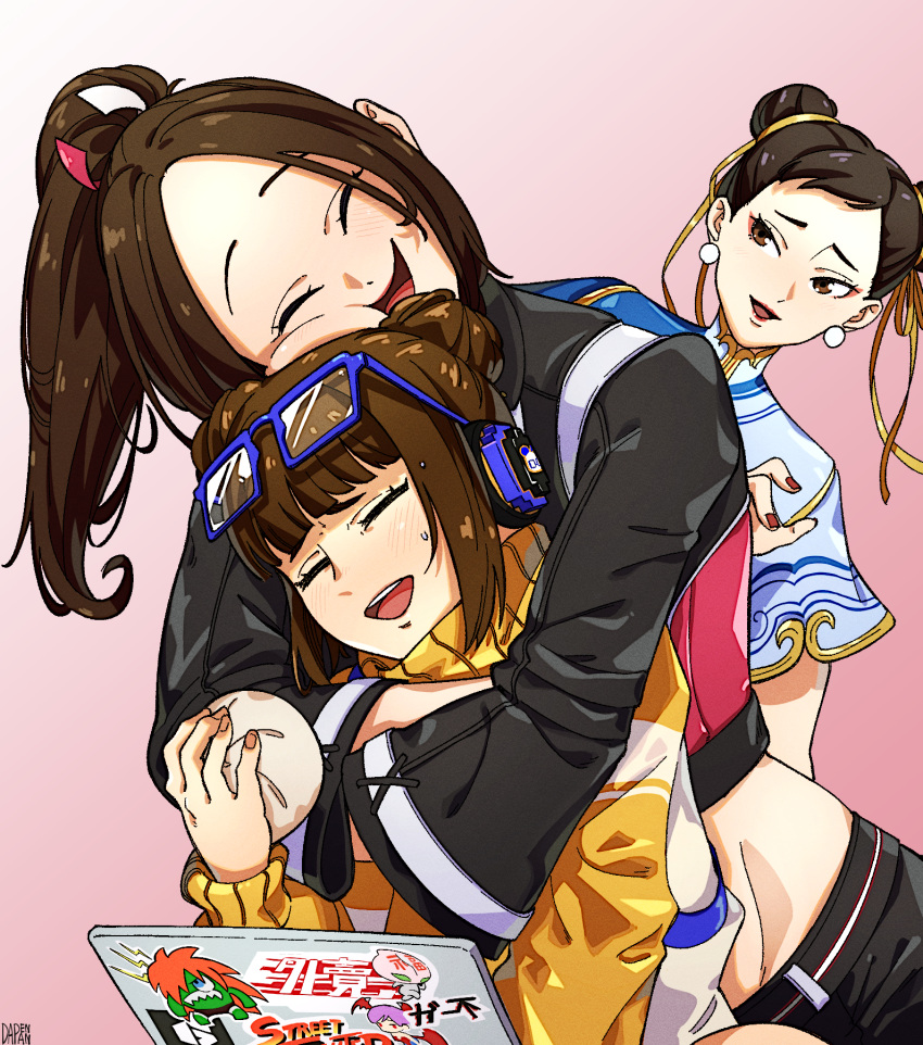 3girls, black_hair, black_jacket, breasts, brown_eyes, brown_hair, chun-li, crossover, dapenpan, double_bun, eyewear_on_head, fatal_fury, fatal_fury:_city_of_the_wolves, hair_bun, high_ponytail, highres, hug, hug_from_behind, jacket, li-fen, long_hair, multiple_girls, official_alternate_costume, ponytail, shiranui_mai, street_fighter, street_fighter_6