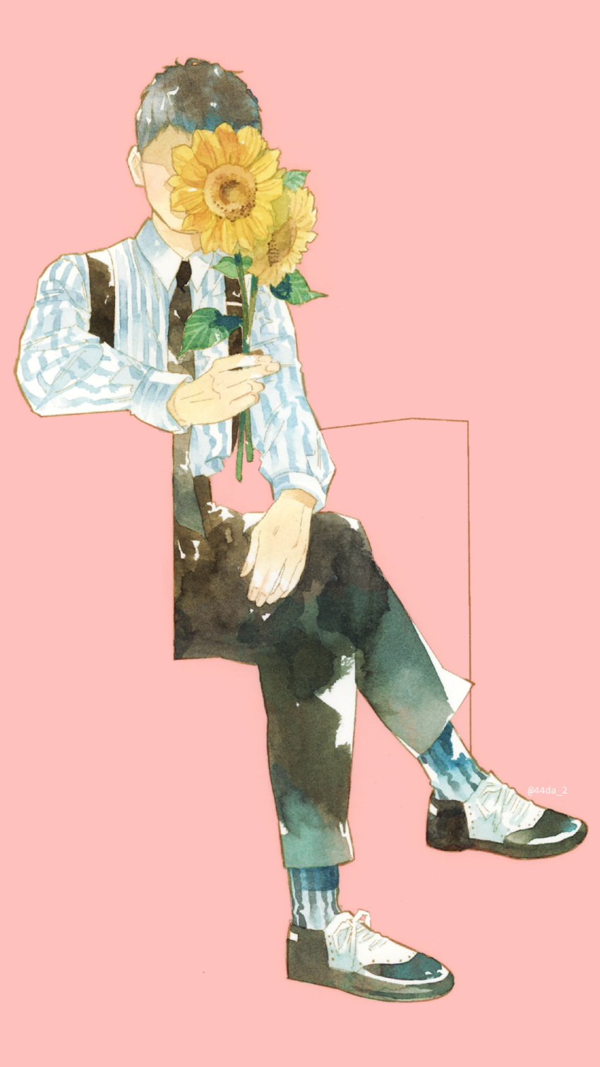 1boy, black_footwear, black_hair, black_necktie, black_pants, commentary, facing_viewer, flower