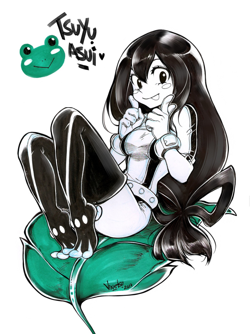 1girl, 2019, animal-themed_footwear, artist_name, asui_tsuyu, black_hair, black_thighhighs, boku_no_hero_academia