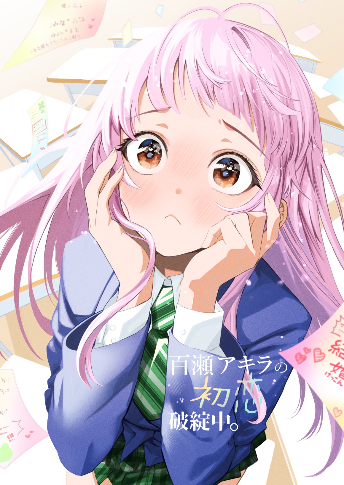 1girl, blush, brown_eyes, closed_mouth, desk, hand_on_own_face, highres, long_hair
