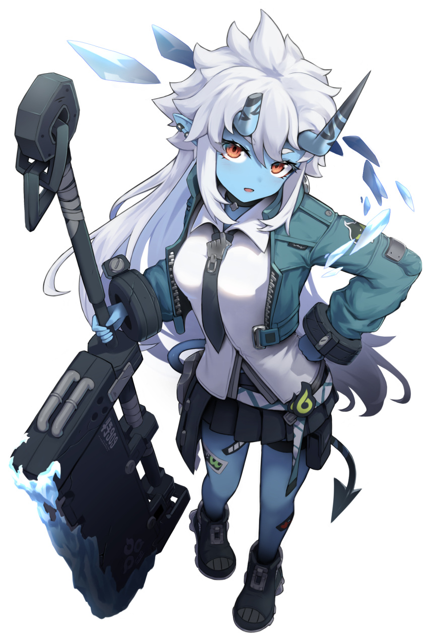 1girl, absurdres, alternate_hairstyle, black_necktie, black_skirt, blue_skin, brown_eyes, colored_skin, earrings, full_body, green_jacket, hair_between_eyes, highres, holding, holding_weapon, horns, jacket, jewelry, long_hair, looking_at_viewer, necktie, oni, open_clothes, open_jacket, open_mouth, seori, shirt, sidelocks, simple_background, skirt, smile, solo, soukaku_(zenless_zone_zero), tail, weapon, white_background, white_shirt, zenless_zone_zero