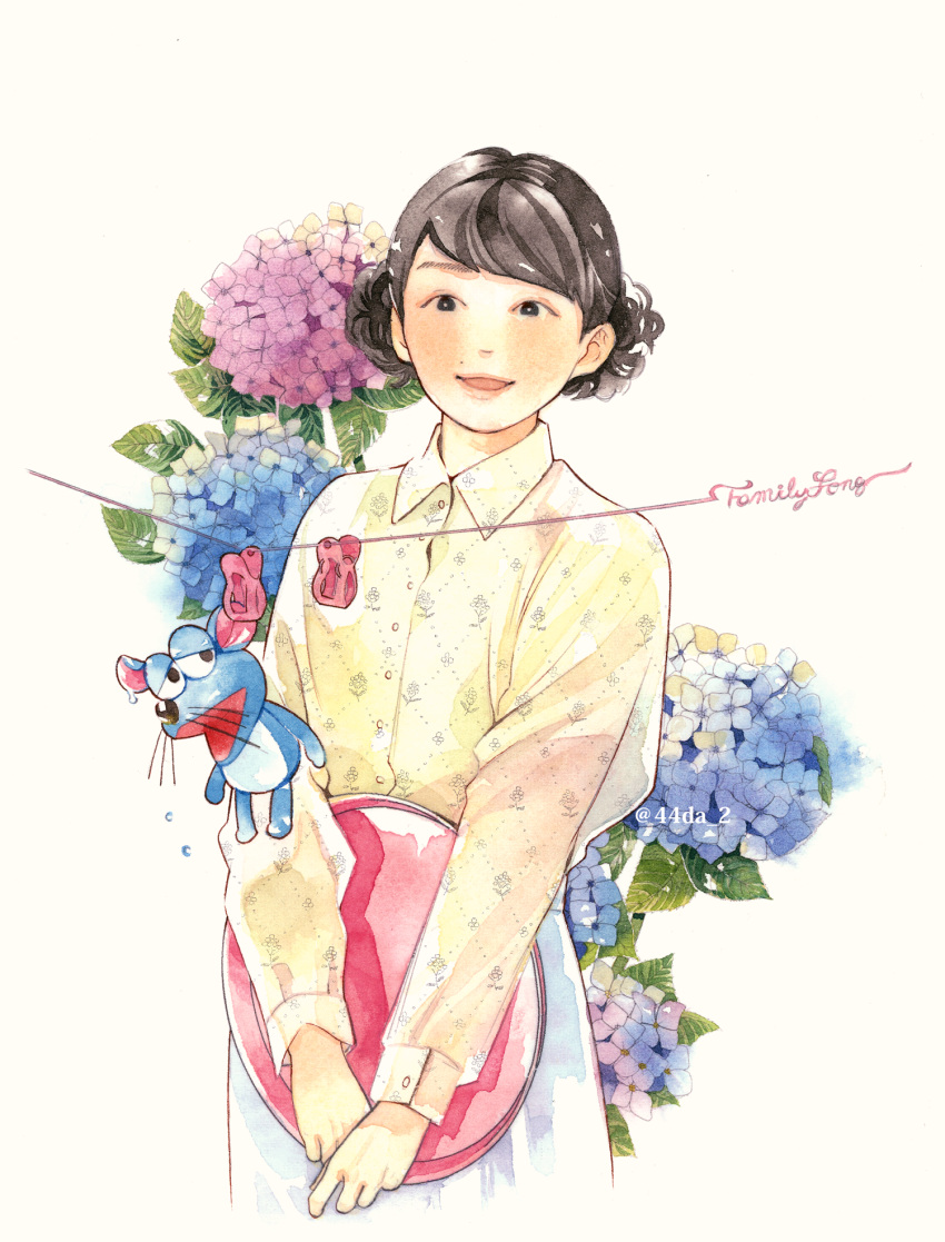 1boy, black_eyes, black_hair, blue_skirt, bright_pupils, collared_shirt, commentary, crossdressing