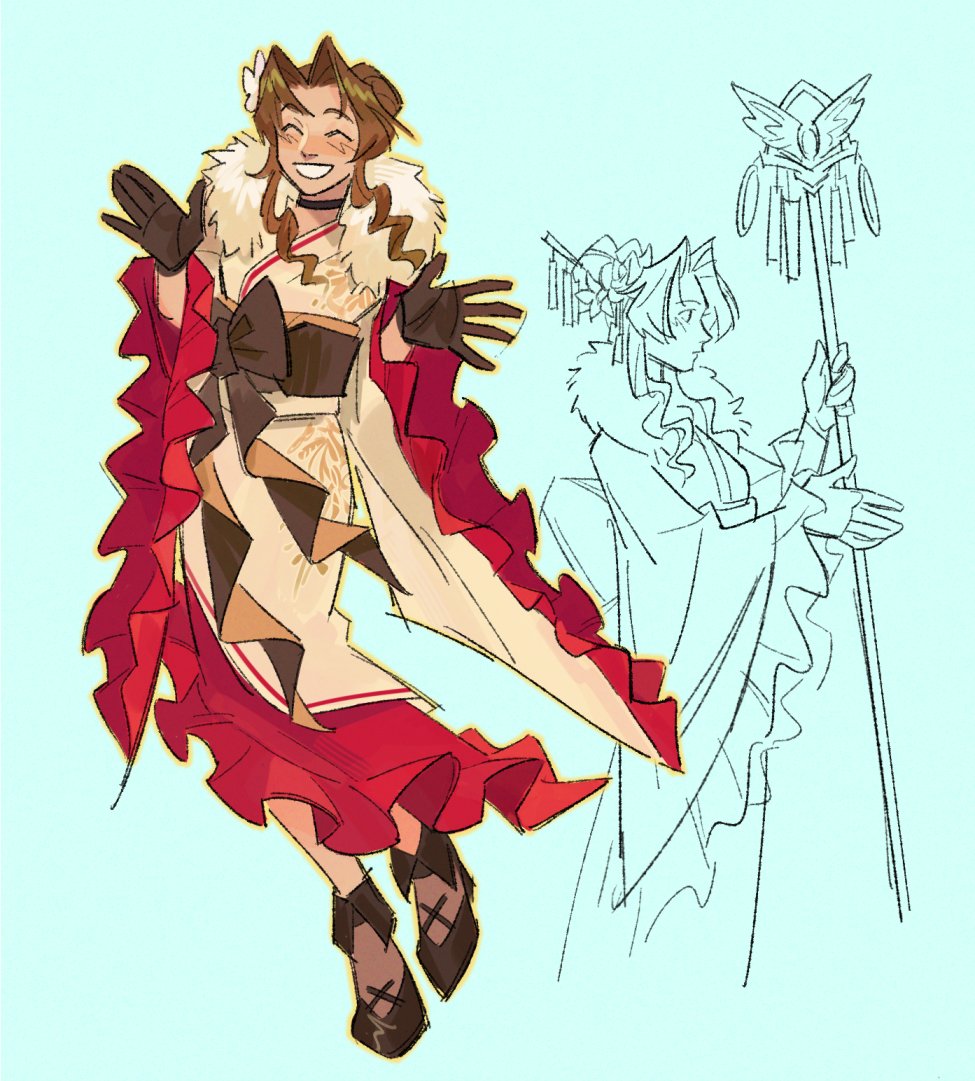 1girl, aerith_gainsborough, aerith_gainsborough_(festive_crimson_attire), aqua_background, black_choker, blush, boots, brown_footwear