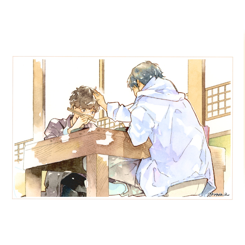 2boys, black_hair, black_pants, black_shirt, character_request, chopsticks, commentary, from_below