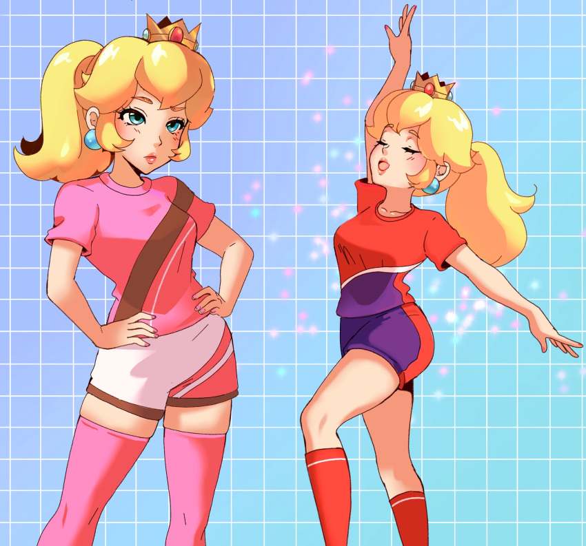 1girl, blonde_hair, blue_background, blue_shirt, blue_shorts, breasts, closed_eyes, closed_mouth