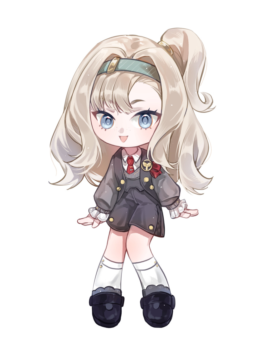 1girl, :d, absurdres, asymmetrical_bangs, black_footwear, blue_eyes, blue_hairband, chilizi