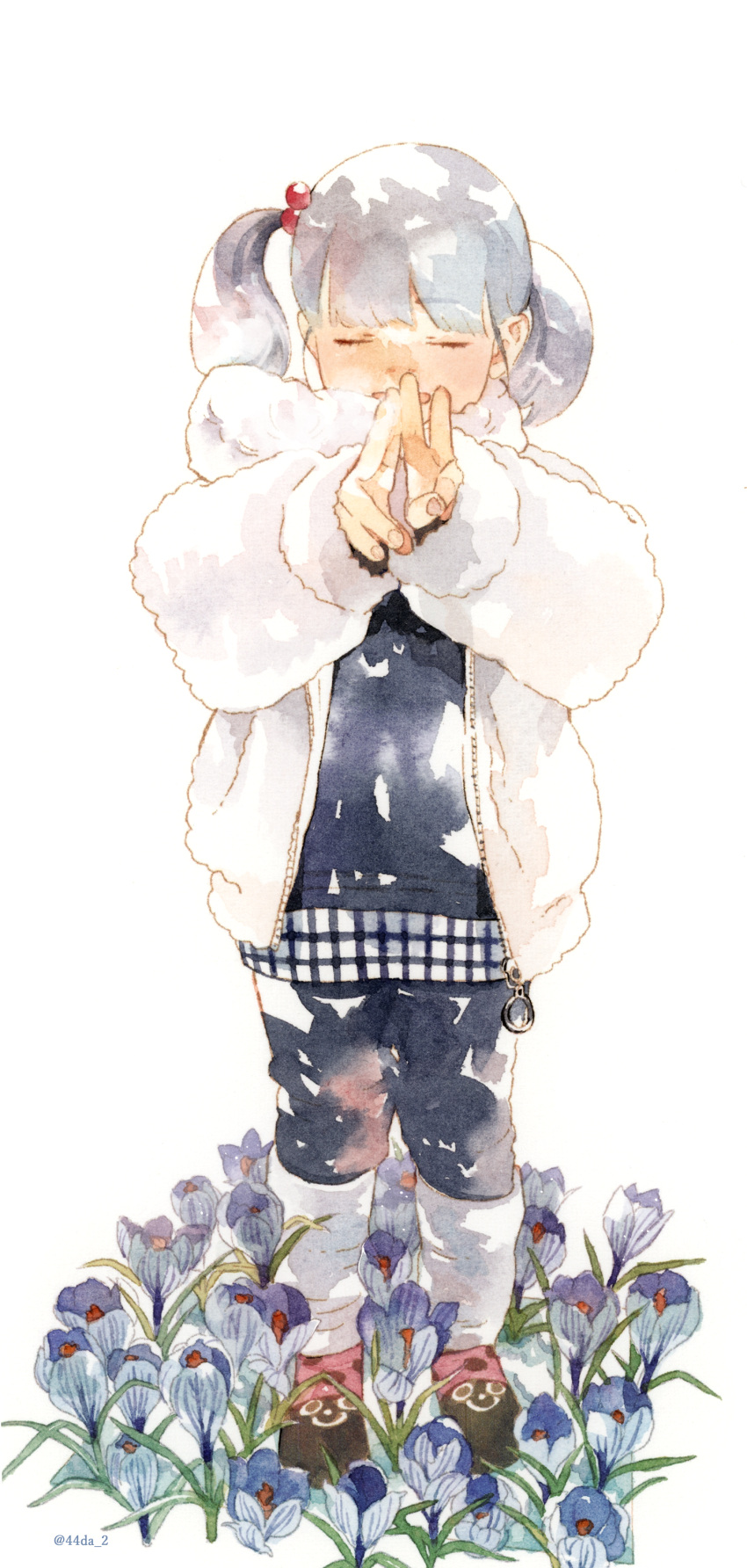 1girl, absurdres, black_footwear, black_pants, black_shirt, blue_flower, closed_eyes, commentary