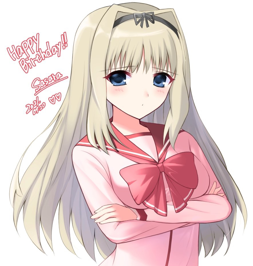 1girl, blonde_hair, blue_eyes, bow, bowtie, breasts, character_name, closed_mouth