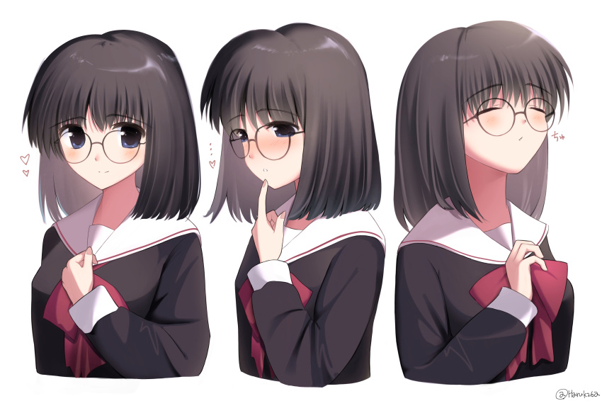 ..., 1girl, absurdres, black_hair, black_shirt, blue_eyes, blush, bow