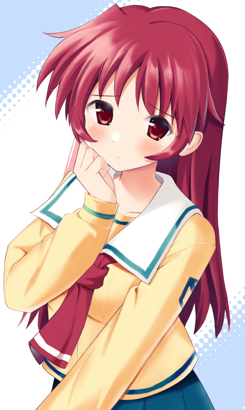 1girl, absurdres, blue_background, blue_skirt, breasts, collarbone, cowboy_shot, frown
