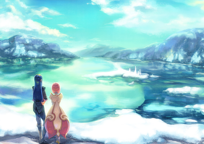 1girl, aqua_background, black_hair, blue_hair, couple, dress, estellise_sidos_heurassein, long_hair, pepa, pink_hair, scenery, scenic, short_hair, sky, tales_of_(series), tales_of_vesperia, water, yuri_lowell
