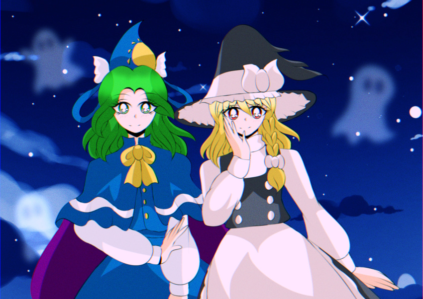 1990s_(style), black_hat, black_skirt, blonde_hair, blue_dress, blue_sky, bow, dress