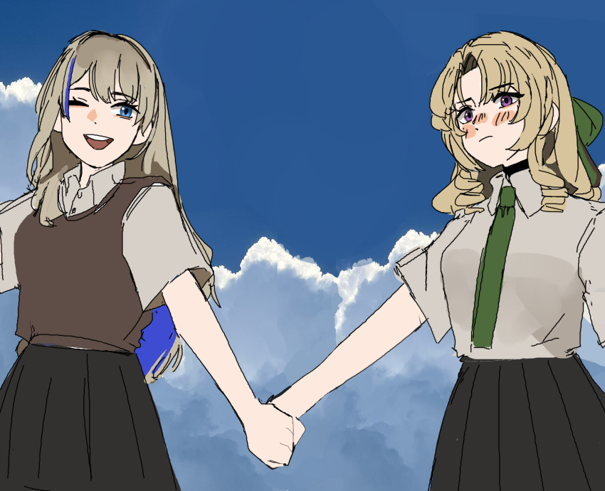 2girls, ;d, aged_down, black_skirt, blonde_hair, blue_eyes, blue_hair, blue_sky