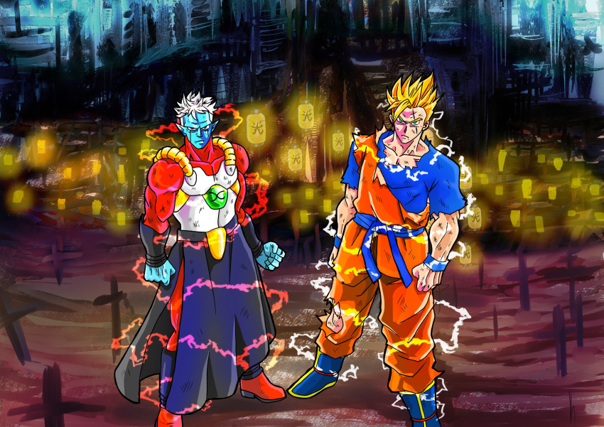 2boys, absurdres, armor, artist_request, blonde_hair, blue_footwear, blue_skin, boots, clenched_hands, closed_mouth, collarbone, colored_skin, commentary, dougi, dragon_ball, electricity, english_commentary, green_eyes, highres, looking_at_viewer, male_focus, mira_(dragon_ball), multiple_boys, muscular, muscular_male, non-web_source, pointy_ears, red_eyes, red_footwear, scar, scar_across_eye, serious, short_hair, son_gohan, son_gohan_(future), source_request, spiked_hair, standing, super_saiyan, torn_clothes, white_hair, wristband