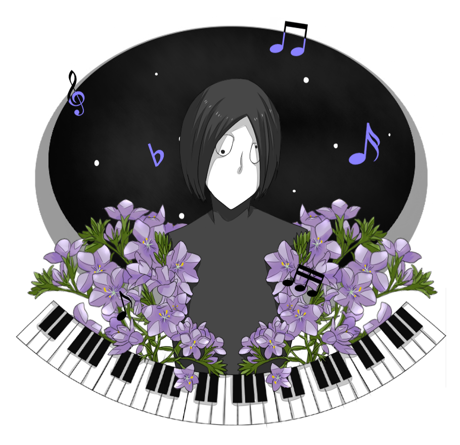 6_9, bad_id, ballpen, black_hair, flower, instrument, musical_note, piano