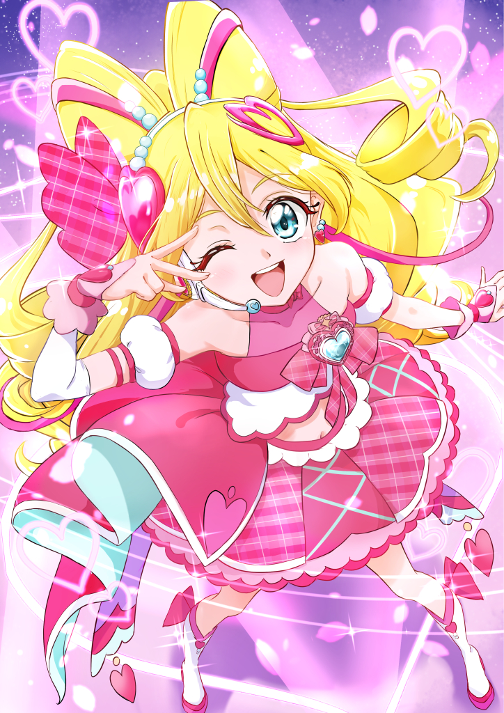 1girl, ;d, arm_warmers, blonde_hair, blue_eyes, boots, bow, brooch