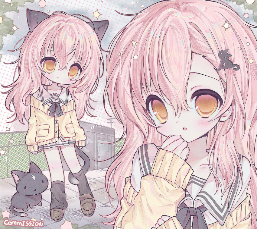 1girl, animal_ears, black_bow, black_bowtie, black_cat, black_socks, bow, bowtie