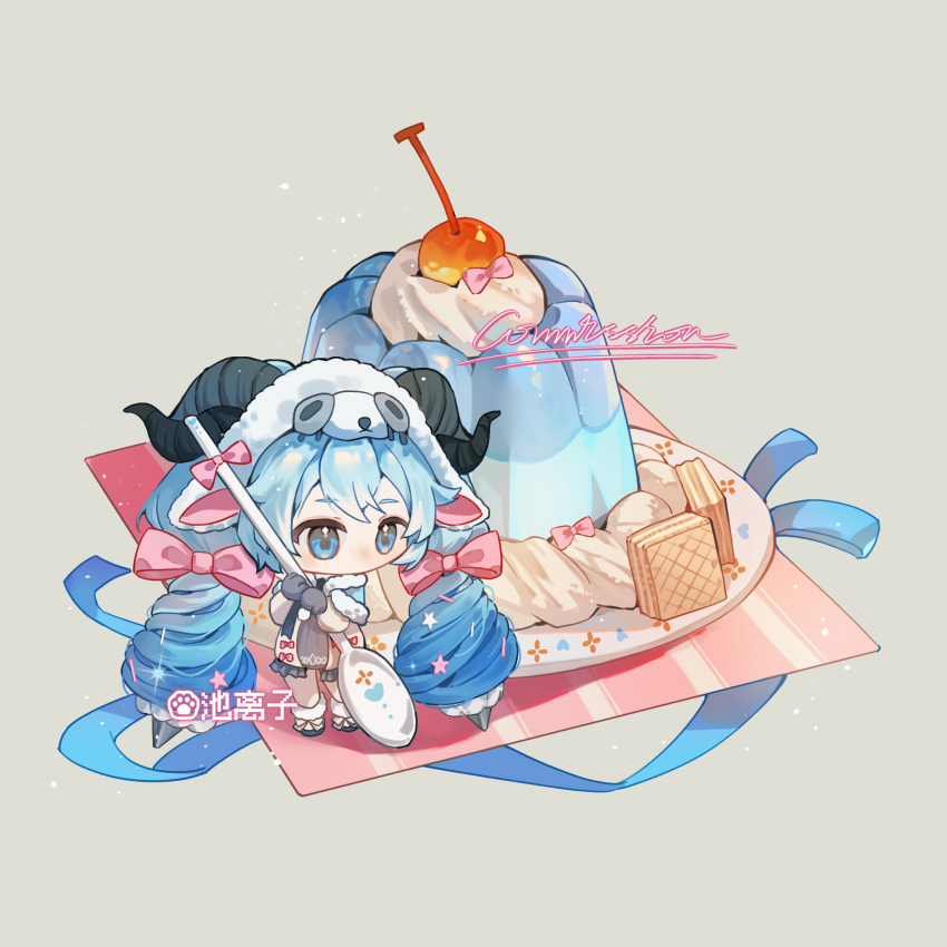 1girl, angela_(wangzhe_rongyao), artist_name, blue_eyes, blue_hair, blue_ribbon, cherry, chibi