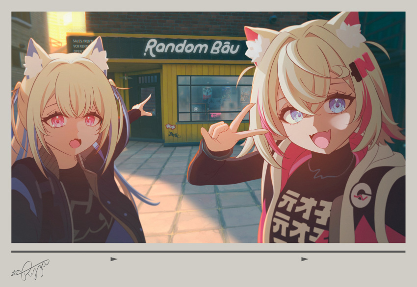 2girls, :d, :o, absurdres, alternate_costume, belle_(zenless_zone_zero), belle_(zenless_zone_zero)_(cosplay), black_jacket