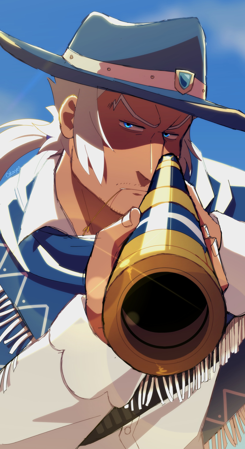 1boy, absurdres, aiming, aiming_at_viewer, blue_eyes, blue_hat, blue_shawl, blue_sky