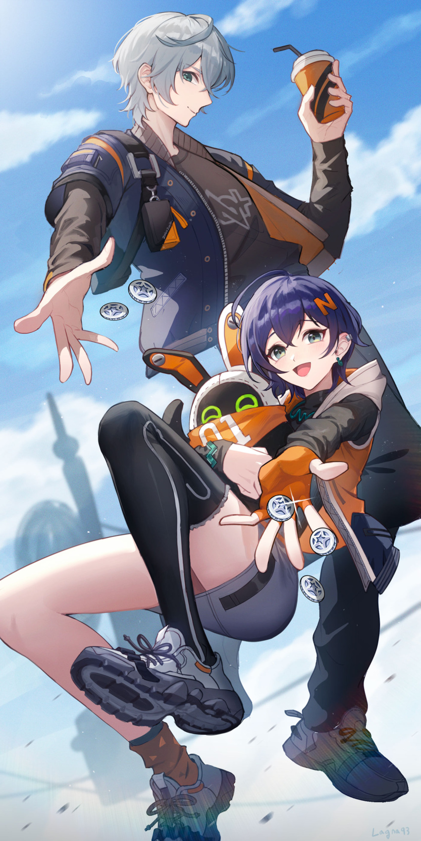 1boy, 1girl, absurdres, asymmetrical_legwear, belle_(zenless_zone_zero), black_pants, black_shirt, black_thighhighs, blue_hair, blue_jacket, blue_sky, brother_and_sister, coin, cup, day, disposable_cup, earrings, eous_(zenless_zone_zero), fingerless_gloves, gloves, green_eyes, grey_footwear, grey_hair, grey_skirt, hair_ornament, highres, holding, holding_cup, jacket, jewelry, knee_up, lagna, letter_hair_ornament, midair, open_mouth, orange_gloves, orange_jacket, pants, shirt, shoes, short_hair, siblings, single_fingerless_glove, single_thighhigh, skirt, sky, thigh-highs, wise_(zenless_zone_zero), zenless_zone_zero